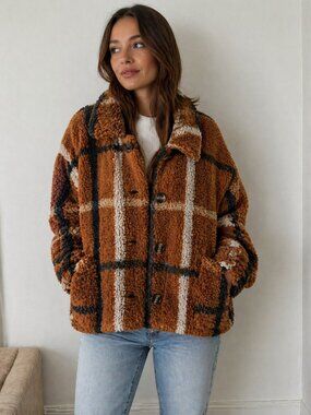 Stoosh Cozy Teddy Plaid Button-Up Jacket - Brown & Black